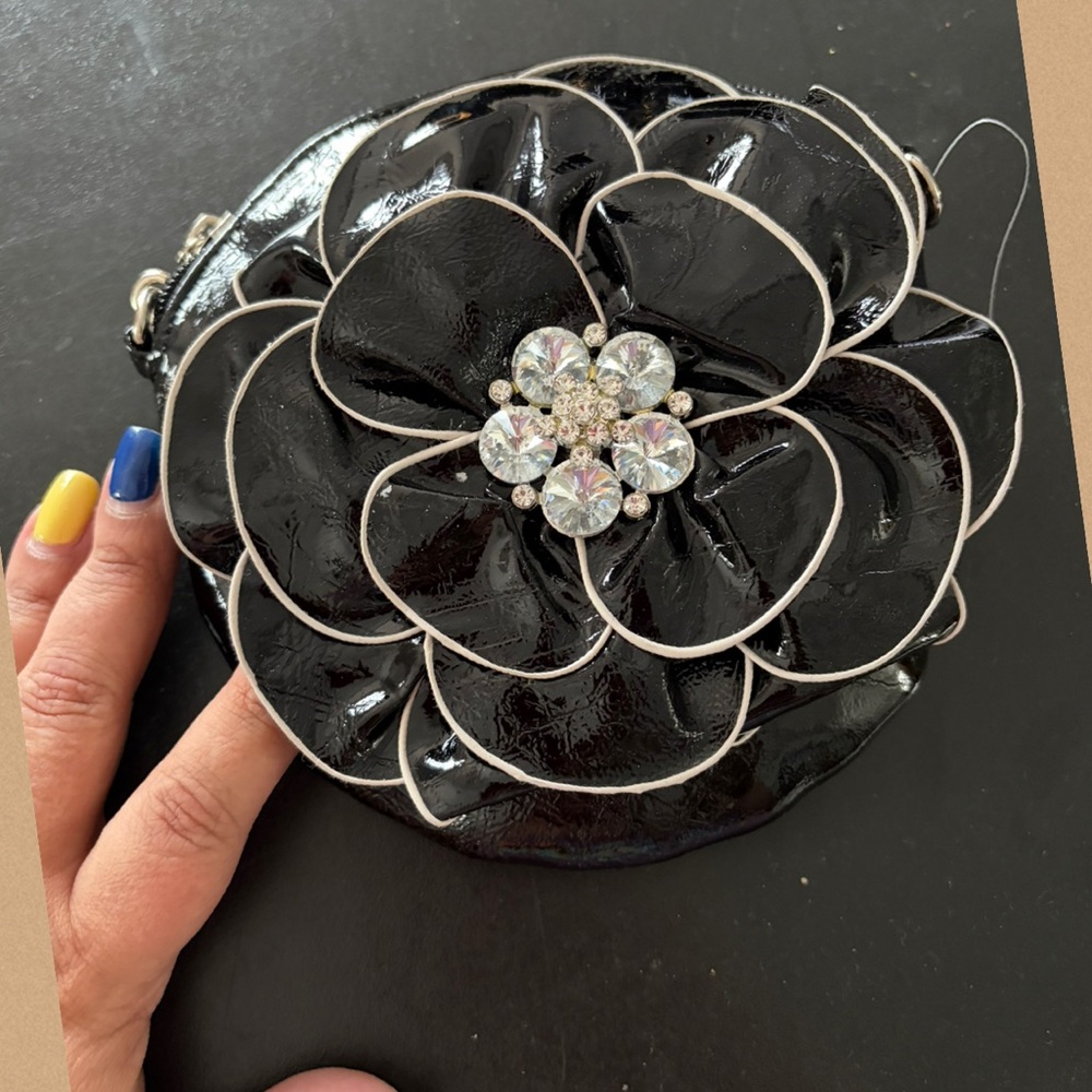 Black Floral Clutch with Rhinestone Accent